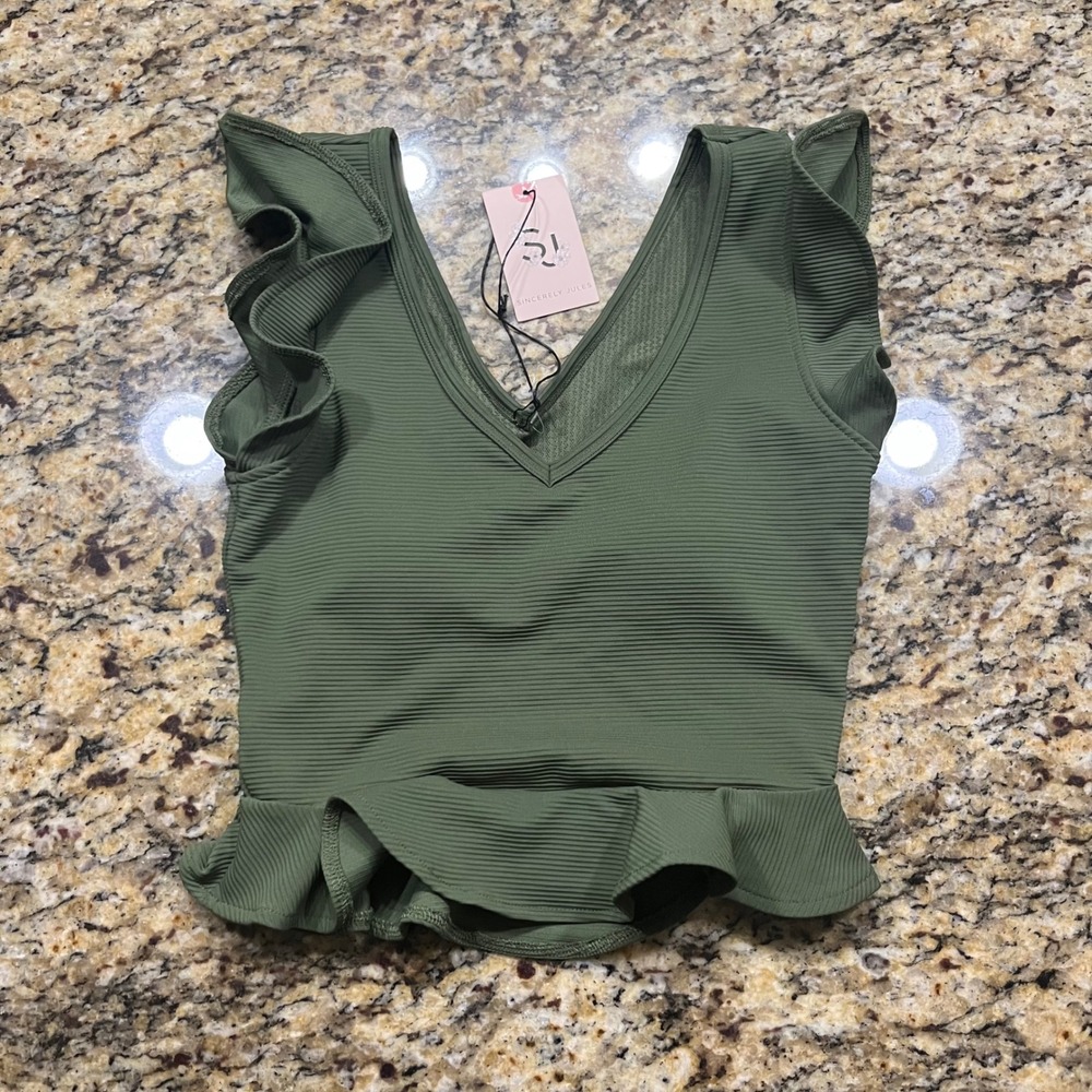 Sincerely Jules Active Olive Green Ribbed Ruffle V-Neck Crop Top XS J